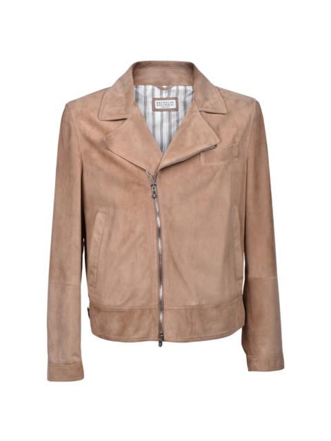 Brunello Cucinelli Suede Biker Jacket "Tobacco / White / Grey" BRUN1255