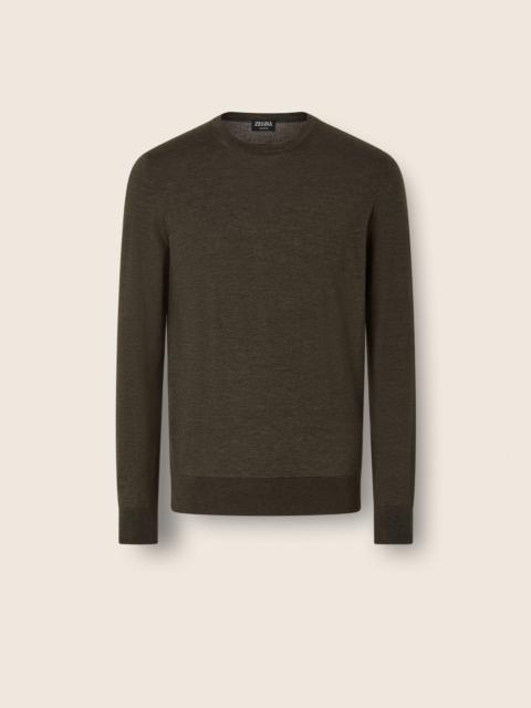 ZEGNA DARK OLIVE GREEN MÉLANGE CASHSETA CREWNECK