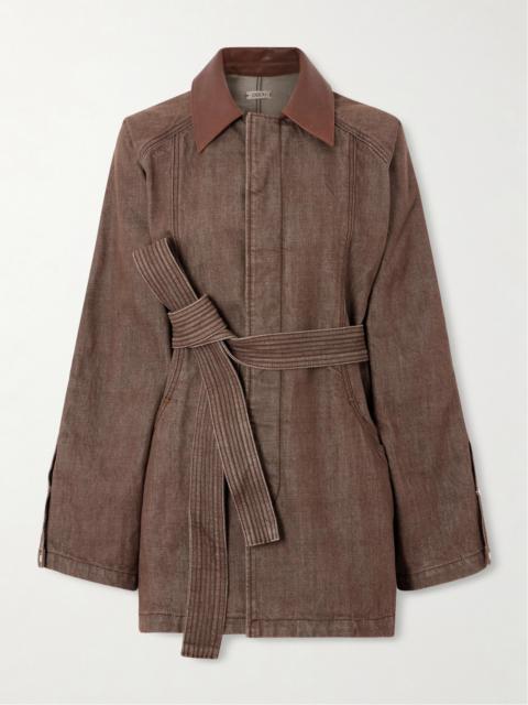 OSSOU Sweep Belted Leather-trimmed Denim Jacket
