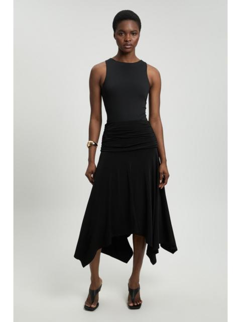 KAREN MILLEN Stretch Drapey Crepe Ruched Hanky Hem Midi Skirt