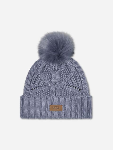 UGG ® Women's Cable Beanie With Pom Knit/Faux Fur in Silver Blue