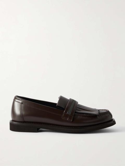 Bead-embellished fringed leather loafers Dark brown