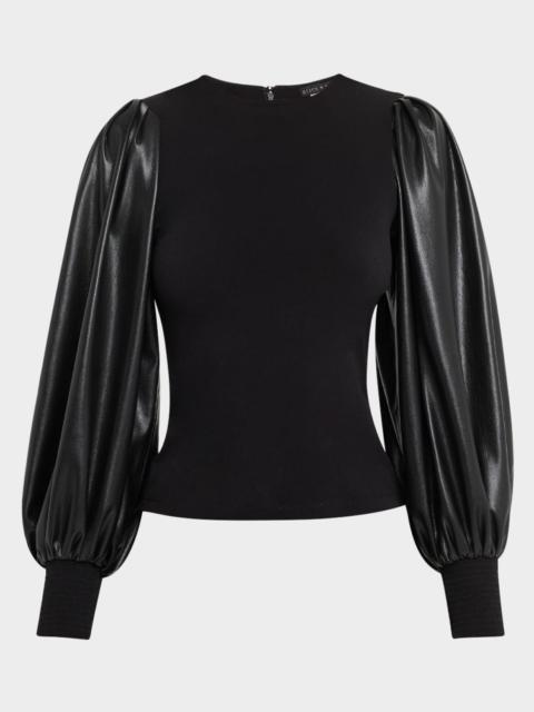 Alice + Olivia Latoria Crewneck Top with Vegan Leather Sleeves