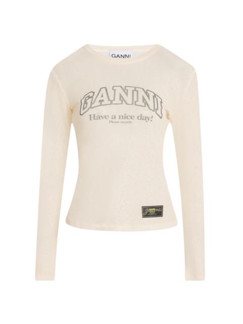 GANNI Women's Logo-Print Marled Mesh Top - White