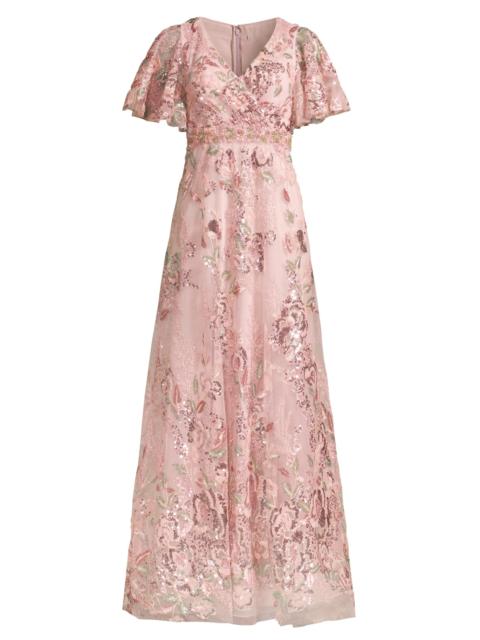 MAC DUGGAL Women's Flutter Sleeve Floral Gown - Rose Pink