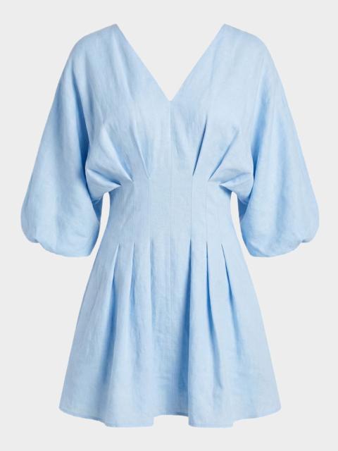 NICHOLAS Pleated Blouson-Sleeve Linen Mini Dress
