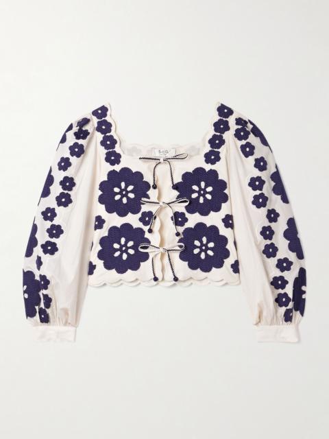 Sea Catrine tie-front scalloped appliquéd cotton-voile blouse Ivory