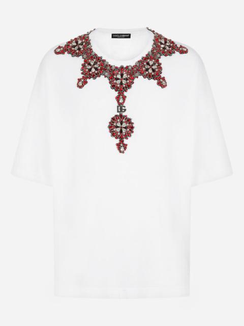 Dolce & Gabbana Cotton T-shirt with DG logo and crystals
