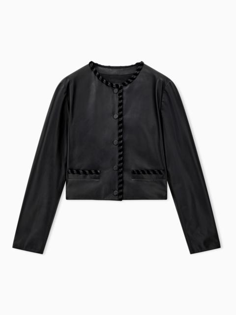EMPORIO ARMANI CROPPED LEATHER JACKET WITH BRAIDED TRIM AND BUTTON CLOSURE