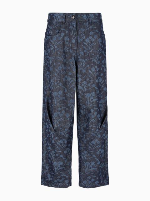 GIORGIO ARMANI Denim Collection five-pocket wide leg trousers in cotton, viscose and lurex denim with floral motif