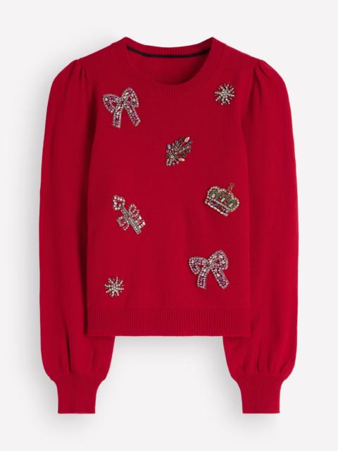 BODEN Ria Embellished Knit Sweater-Red Christmas
