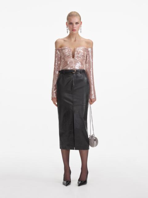 self-portrait Black Leather Midi Skirt