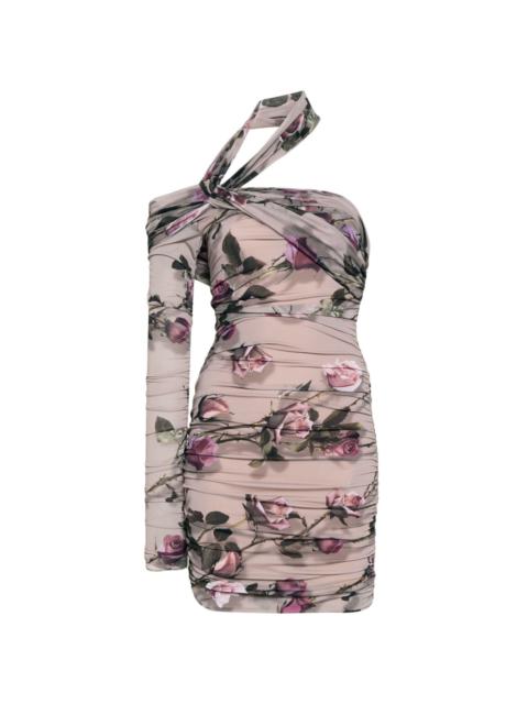 floral-print single-sleeve halterneck minidress