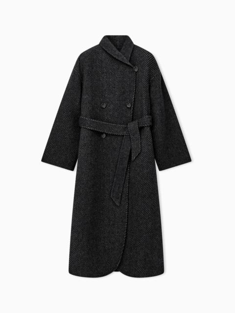 EMPORIO ARMANI BELTED DOUBLE-BREASTED COAT IN VIRGIN WOOL DOUBLE JACQUARD