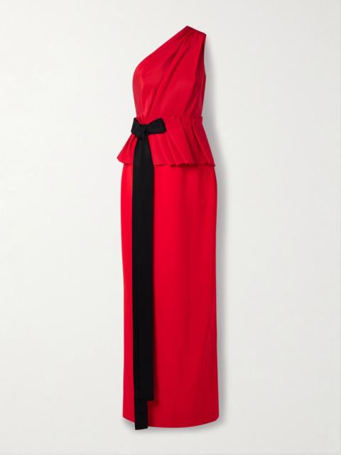 CAROLINA HERRERA One-shoulder grosgrain-trimmed gathered crepe gown Red