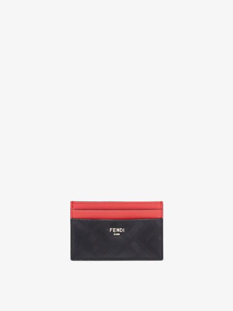 FENDI Black leather card holder with embossed FF print and metal FENDI ROMA lettering. Red leather details