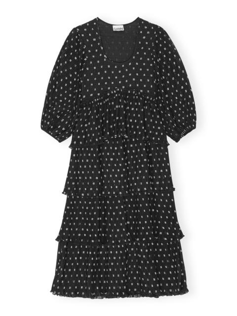 BLACK PLEATED GEORGETTE FLOUNCE SMOCK MIDI DRESS