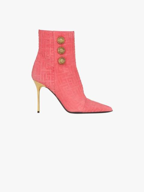 Fuchsia pink debossed suede Roni ankle boots with Balmain monogram