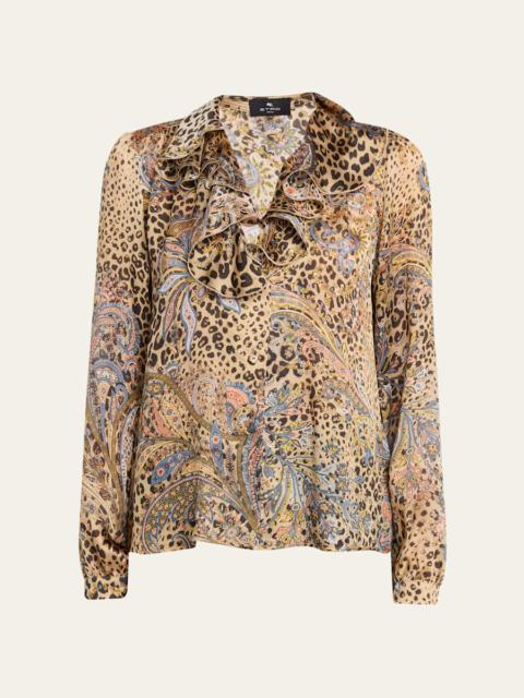 Etro Leopard Paisley-Print Silk Ruffle Blouse