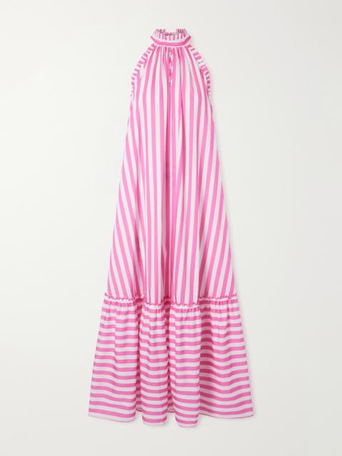 LORETTA CAPONI Melinda Ruched Striped Cotton-poplin Halterneck Maxi Dress