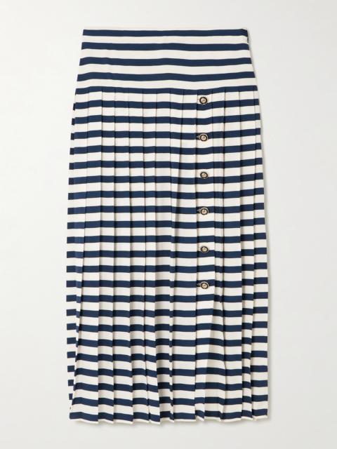RIXO Una Pleated Striped Silk Crepe De Chine Midi Skirt