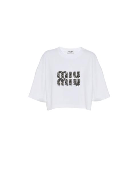 【MIU MIU】Embroidered Cropped Cotton T-Shirt/全国送料無料 Miu Miu Logo-embroidered Cotton T-shirt In F0009 Bianco