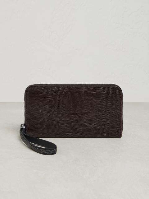 Brunello Cucinelli Lizard print leather wallet with precious zipper pull
