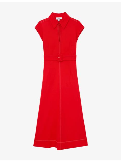 REISS Sloane Collared Belted-Waist Stretch-Woven Midi Dress