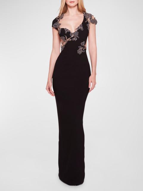 Marchesa Floral Crystal Embellished Cap-Sleeve Open-Back Column Gown