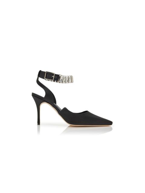 Manolo Blahnik Black Satin Crystal Embellished Ankle Strap Pumps