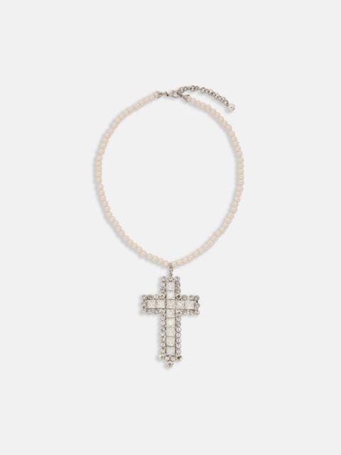 Alessandra Rich SINGLE PEARL NECKLACE WITH CRYSTAL CROSS