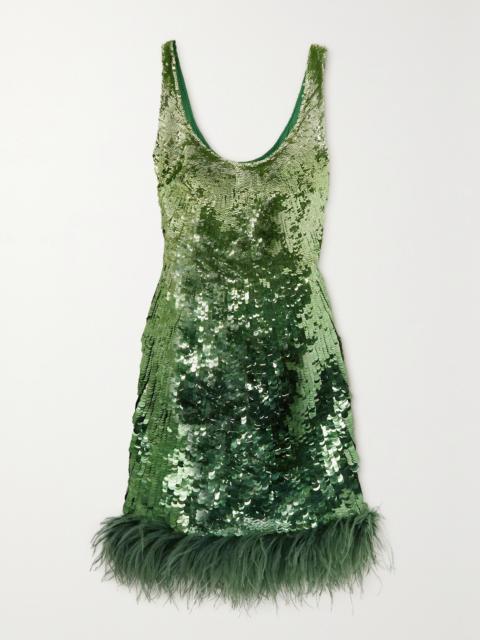 Valentino Feather-trimmed Sequined Satin Mini Dress