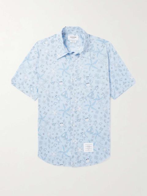 Thom Browne Button-Down Collar Logo-Appliquéd Printed Cotton-Voile Shirt