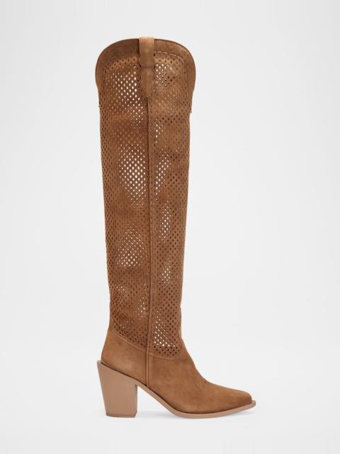 PARTLOW Aleene Perforated Suede Knee-High Cowboy Boots