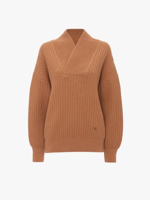 Victoria Beckham Shawl Neck Knitted Jumper In Camel