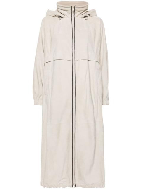 Brunello Cucinelli hooded suede trench coat