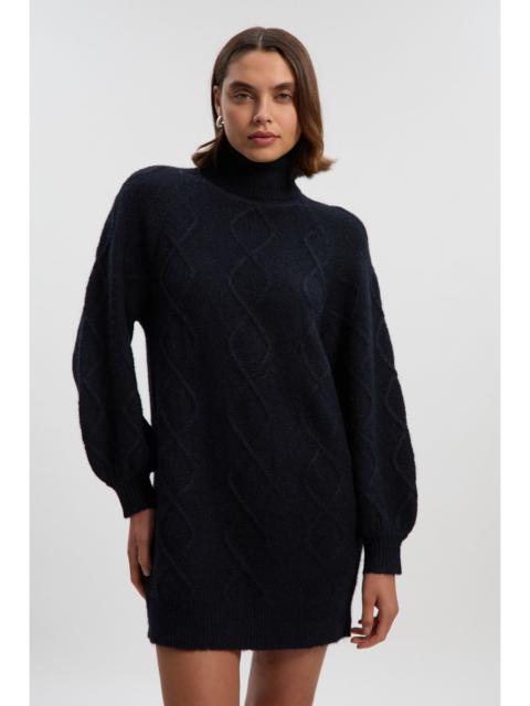 KAREN MILLEN Wool Blend Cosy Cable Stitch Roll Neck Jumper Mini Dress