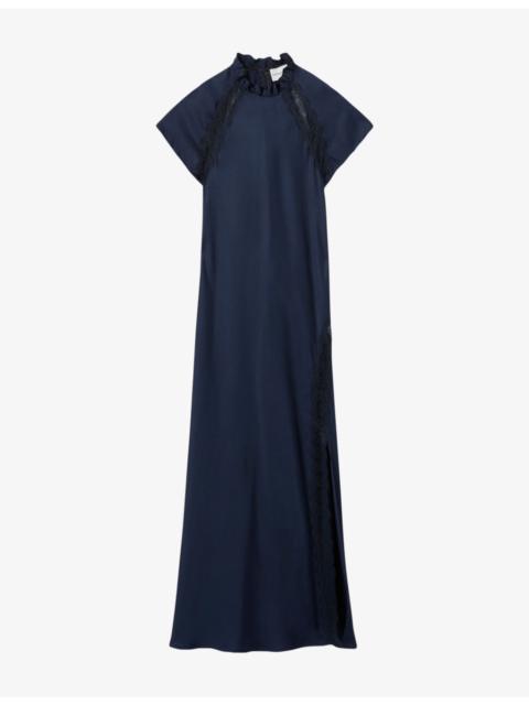 Claudie Pierlot Victorian-Collar Lace-Trim Satin Maxi Dress