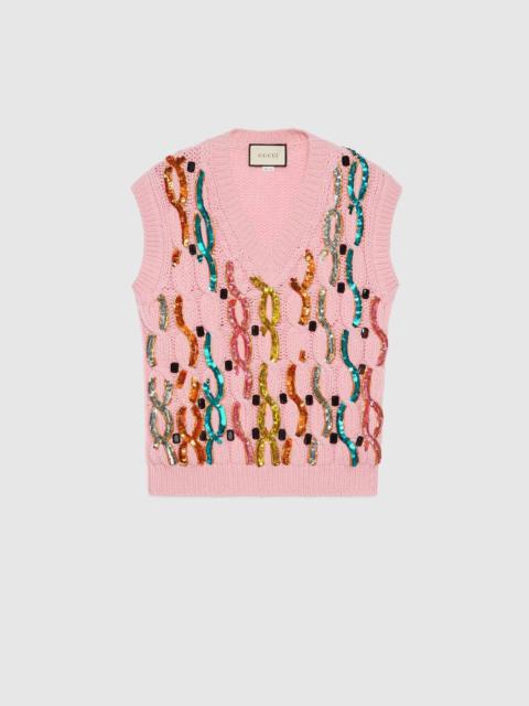 GUCCI Cable knit wool vest with sequins