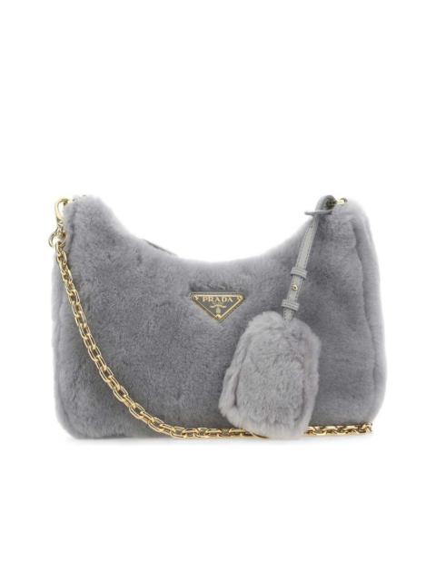 Prada Logo Plaque Zipped Shearling Shoulder Bag