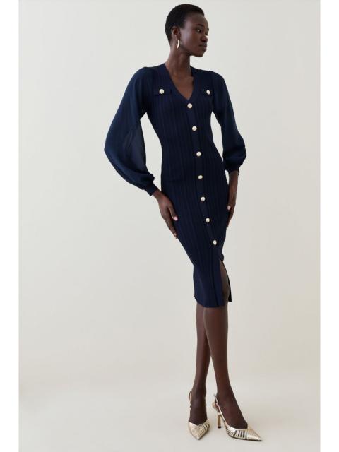 KAREN MILLEN Petite Forever Viscose Blend Rib Knit Chiffon Sleeve Midi Dress