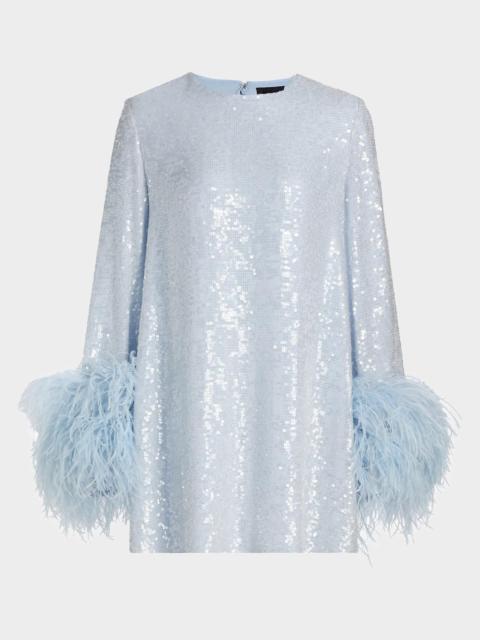 LAPOINTE Feather Cuff Long-Sleeve Sequined Mini Shift Dress