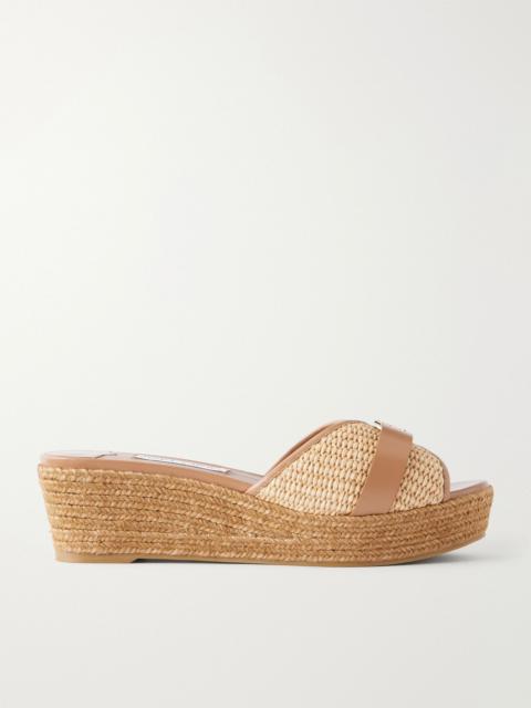 JIMMY CHOO Leda 50 leather-trimmed raffia platform espadrilles Neutral