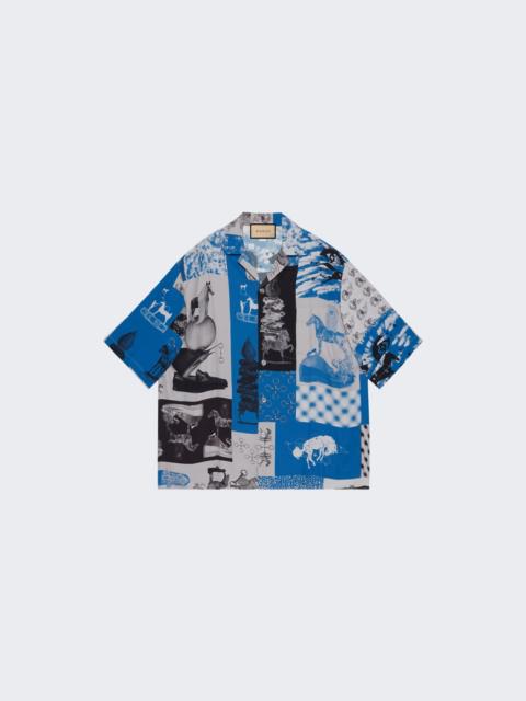 GUCCI Graphic Print Viscose Shirt Blue