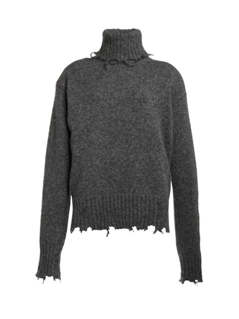 Distressed Wool-Blend Knit Turtleneck Top dark grey