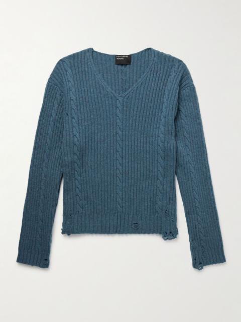Enfants Riches Déprimés Distressed Cable-Knit Cashmere Sweater Blue