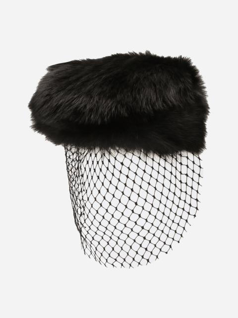 Shearling flat cap with veil