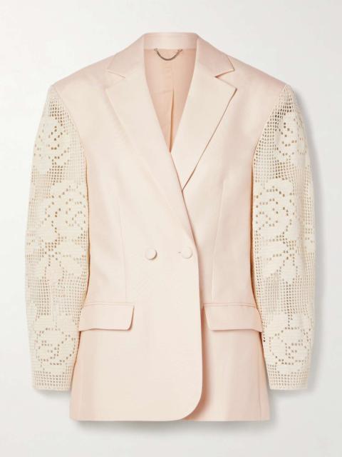 Double-breasted crocheted cotton-trimmed grain de poudre silk blazer