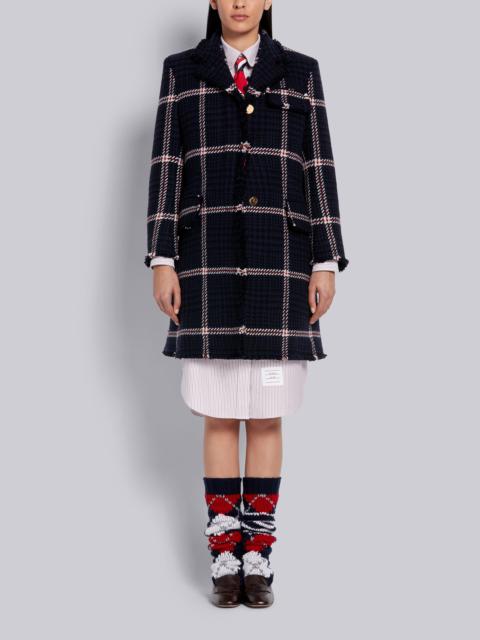 Thom Browne Navy Prince of Wales Cashmere Tweed High Armhole Chesterfield Overcoat