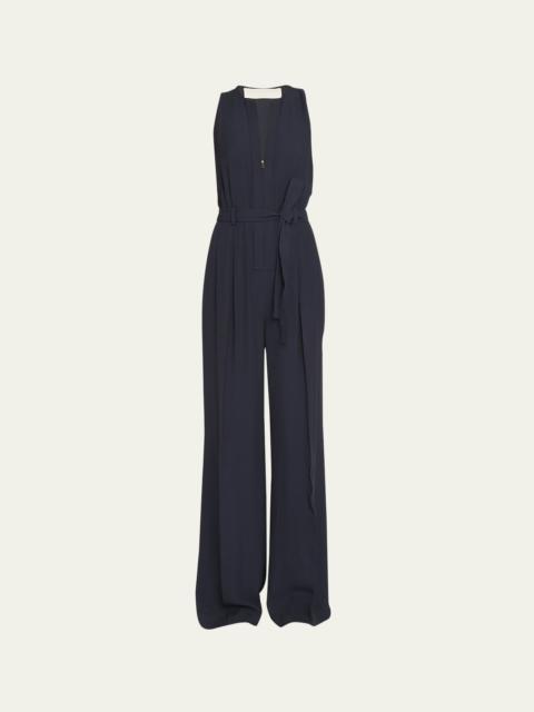 Camelia Sleeveless Belted Crepe Straight-Leg Jumpsuit